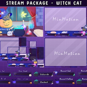 FULL ANIMATED Witch Cat Twitch Stream Package / Witch Of The Night / Magic Ball / Halloween / Witch House / Spooky / Ghost / Pumpkin / Skull