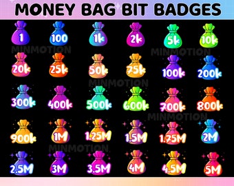 May include: A set of 20 colorful money bag bit badges with different amounts of money from 1 to 5 million. The badges are designed in a cartoon style with a rainbow color scheme. The text on the badges reads "MONEY BAG BIT BADGES" and "MINMOTION".