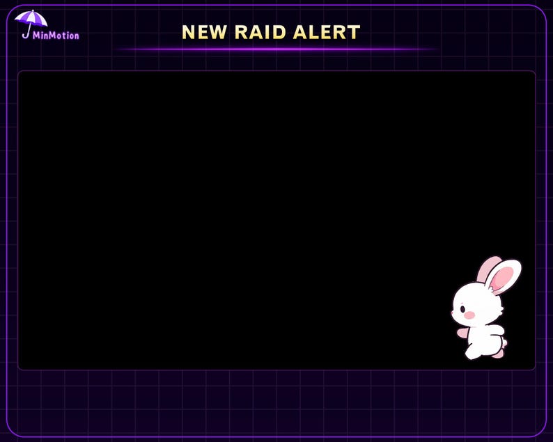 May include: A digital graphic with a black background and a grid pattern. The text "NEW RAID ALERT" is displayed at the top. A cartoon white bunny with pink ears and accents is on the right side. The logo "MinMotion" is in the upper left corner.