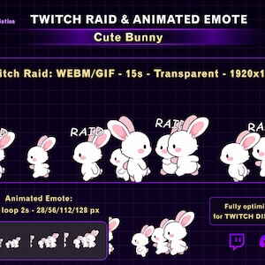 Puede incluir: Animación de Twitch Raid y emote con un diseño de conejito. La imagen muestra varios conejitos blancos con orejas rosas y la palabra "RAID". El emote animado es un bucle GIF, optimizado para Twitch y Discord.