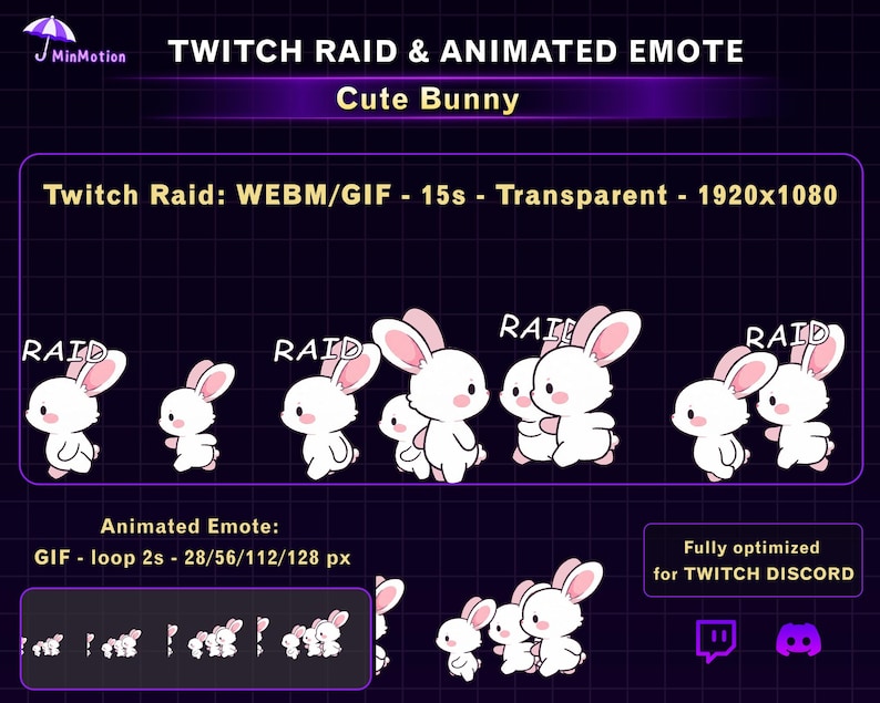 May include: Animated Twitch raid and emote featuring a cute bunny design. The image shows multiple white bunnies with pink ears and the word "RAID". The animated emote is a GIF loop, optimized for Twitch and Discord.