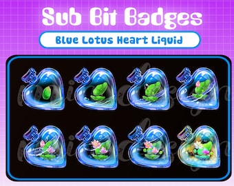 Blue Heart Liquid Sub Badges / Lotus Flower Blossom Twitch Sub Badges / Heart Magic Bottle / Pack Lotus Flower Subscribers Loyalty Active