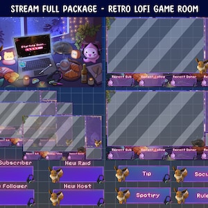 Animated Retro Lofi Aesthetic Twitch Stream Full Package / Rainy Night Overlay / Laptop Gamer / Setup Room Scene / Cute Scenes / Kawaii
