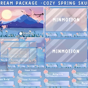 Animated Sakura Cherry Blossom Twitch Stream Package / Blue Cozy Spring Sakura Stream Overlay / Calm Pastel Cheery / Streamer Graphics