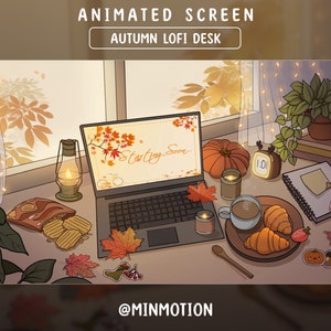 Animierter Herbst Lofi Schreibtisch Twitch Stream Bildschirm, Retro Lofi Schreibtisch, AhornBlatt, Kürbis, Pilz, Süßigkeiten, Halloween