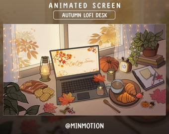 Animated Autumn Lofi Desk Twitch Stream Screen, Retro Lofi Desk, Maple Leaf, Pumpkin, Mushroom, Candy, Halloween