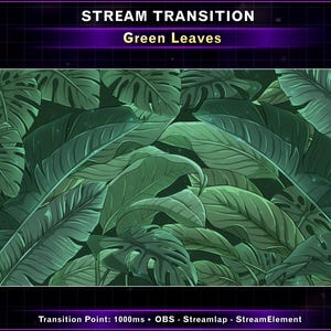 Puede incluir: Un gráfico digital que presenta una densa disposición de hojas verdes, creando una estética tropical exuberante. La imagen está etiquetada como "STREAM TRANSITION" con el texto "Green Leaves" en la parte superior. La parte inferior de la imagen incluye el texto "Transition Point: 1000ms • OBS - Streamlap - StreamElement".