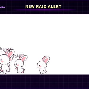 May include: A digital graphic with a purple and black grid background. The image features the text "NEW RAID ALERT" at the top. Several cartoon bunnies are shown, with the word "RAID" above some of them.