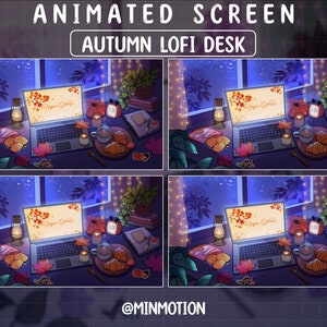 May include: Animated screen capture of a cozy autumn desktop scene. A laptop with a fall-themed desktop wallpaper sits on a desk with a cup of coffee, pastries, and a lit lantern. The background features a window with a view of a starry night sky and twinkling lights.