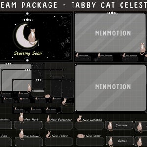 FULL ANIMATED Tabby Cat Twitch Stream Package/ Celestial Night Overlays / Streamer Graphics / Moon / Stars / Sky /Kitty / Tarot /Alert Panel
