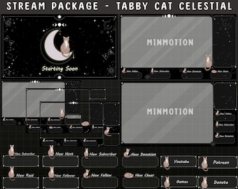 FULL ANIMATED Tabby Cat Twitch Stream Package/ Celestial Night Overlays / Streamer Graphics / Moon / Stars / Sky /Kitty / Tarot /Alert Panel