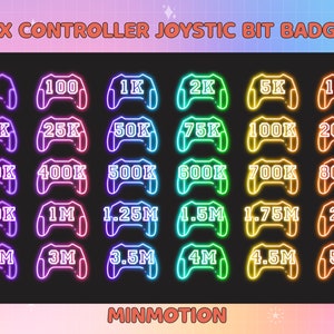May include: A set of 20 neon-colored controller joystick bit badges with numbers ranging from 1 to 5 million. The badges are arranged in rows of six, with each badge featuring a different color and number. The text "30X CONTROLLER JOYSTIC BIT BADGES" appears at the top of the image, and the text "MINMOTION" appears at the bottom.