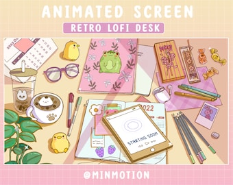 Tela de stream animada Twitch / Mesa estética Lofi retrô / Ovelay pastel amarelo rosa / Cena de sala de configuração / Onda eletromagnética / MilkTea