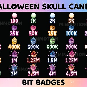 May include: A set of 20 Halloween-themed bit badges featuring a skull candy design. The badges range from 1 to 5 million bits and are displayed in a grid pattern. The badges are colorful and feature different colors for each bit level.