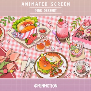 May include: A picnic scene with a pink and white checkered tablecloth. There are various pink desserts, including a pink milkshake, a heart-shaped dessert, and a pink and white cake. There are also sandwiches, watermelon, and tulips.