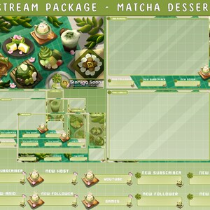 May include: A green and white Twitch stream package with a matcha dessert theme. The package includes a starting soon screen, a chat box, and various alerts for new subscribers, hosts, raids, followers, and cheers. The alerts feature cute cartoon characters with matcha desserts.