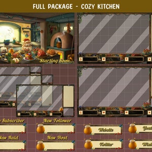 May include: A cozy kitchen scene with a wood-burning oven, a table full of food, and a window overlooking a forest. The scene is used as a background for a Twitch stream overlay with sections for new subscribers, followers, raids, hosts, and social media links. The text "Starting Soon..." is displayed in the center of the image.
