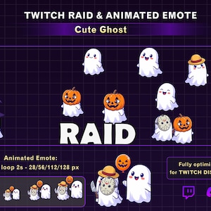 Op de afbeelding: Een digitale grafische set met de tekst TWITCH RAID & ANIMATED EMOTE Cute Ghost. Het ontwerp bevat meerdere witte spookfiguren, sommige met hoeden of pompoenen en één met een ijshockeymasker. Inclusief details over de GIF-loop.