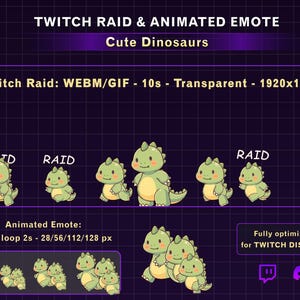 May include: Digital graphic with cute green dinosaur illustrations for Twitch emotes. Text includes "TWITCH RAID & ANIMATED EMOTE" and "Cute Dinosaurs". The image is optimised for Twitch and Discord.