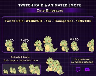 Alerta de ataque animada de dinosaurio adorable en Twitch, animación de ataque de dinosaurio con emoticono de dinosaurio, alerta divertida de Twitch para streamers.