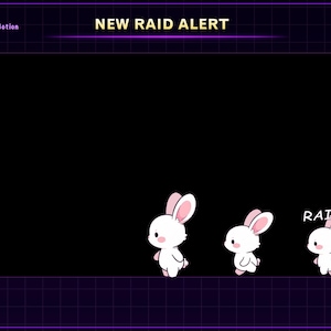 May include: A digital graphic with a black background and a purple grid pattern. The text "NEW RAID ALERT" is at the top. Three white cartoon bunnies with pink ears and paws are featured. The word "RAID" is also displayed.