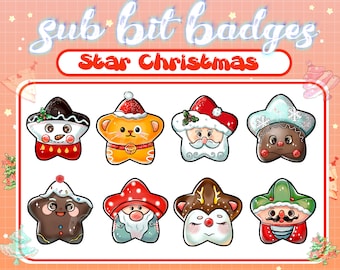 Weihnachtsstern | Xmas Holiday Twitch Sub Bit Anstecker | Winter Abonnent Abzeichen | Schokoladenkeks | Rentier | Weihnachtsmann | Schneemann | Kätzchen Katze