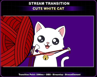 Cute White Cat Stream Transition, Cat playing with wool Transition, Twitch OBS Scenes Stinger, Twitch Transition