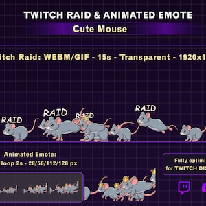 May include: Animated Twitch emote featuring a cute gray mouse with pink ears and tail. The word "RAID" is above the mouse in a sequence of frames. The image includes text: "TWITCH RAID & ANIMATED EMOTE", "Cute Mouse", and "Fully optimized for TWITCH DISCORD".