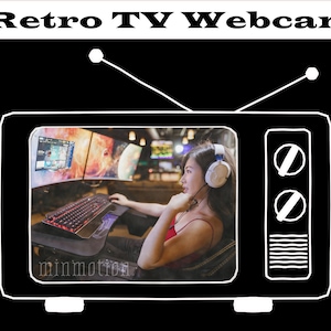 May include: A retro TV screen with a white outline, showing a woman wearing headphones and a red shirt, sitting in front of a computer with two monitors. The text "minmotion" is visible at the bottom of the screen.