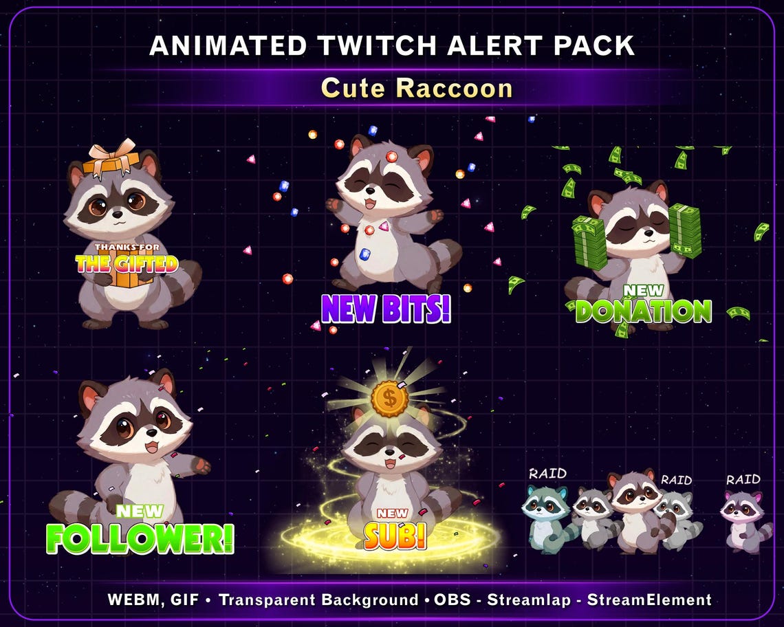 Animated Cute Raccoon Twitch Alert Pack, Raccoon Alert Bundle, Funny ...