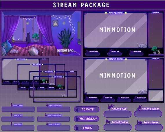 FULL ANIMATED Star Watching Black Cat Twitch Overlay Stream Package / Night Sky With Starlight / Bed Room / Purple - Blue Overlays