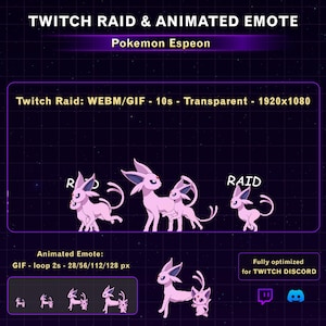 May include: Animated Twitch raid and emote featuring the Pokemon Espeon. The image shows multiple pink Espeon characters in various poses, with the word "RAID" displayed. The text indicates the animated emote is a GIF loop, 2 seconds long, and optimized for Twitch and Discord.