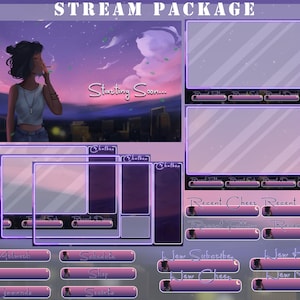 Puede incluir: Plantilla de superposición de transmisión de Twitch púrpura y blanca con una ilustración de dibujos animados de una persona con cabello negro corto. La superposición incluye secciones para vítores recientes, donantes recientes, seguidores recientes, suscriptores recientes, nuevos suscriptores, nuevos anfitriones, nuevos vítores y nuevas incursiones. El texto "Starting Soon..." se muestra en la parte superior central de la superposición.