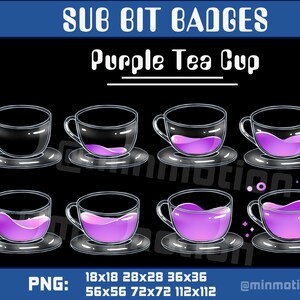 Pode incluir: Oito emblemas animados de xícara de chá roxa em tamanhos diferentes, variando de 18x18 pixels a 112x112 pixels. Os emblemas são projetados para uso no Twitch e em outras plataformas de streaming.