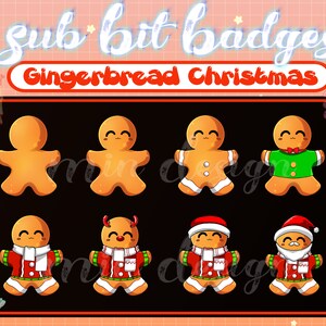 May include: Eight gingerbread man themed digital badges for Twitch subscribers. The badges feature different gingerbread men wearing various Christmas outfits, including a Santa hat, a scarf, and a green sweater.