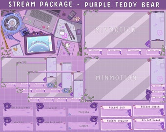 May include: Purple and white Twitch stream package overlay with a purple teddy bear theme. The overlay includes sections for new subscribers, new hosts, new raids, new followers, recent subs, recent cheers, recent follows, recent donors, YouTube, and games. The overlay also includes a large screen for the streamer's video feed and a smaller screen for the streamer's chat.