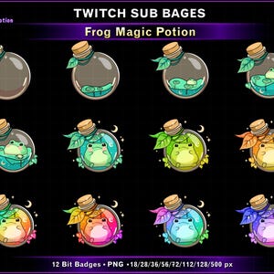 May include: A collection of Twitch sub badges featuring cartoon frog illustrations inside potion bottles. The bottles have cork stoppers and green leaves. The badges are in various colors, including green, blue, yellow, and orange.