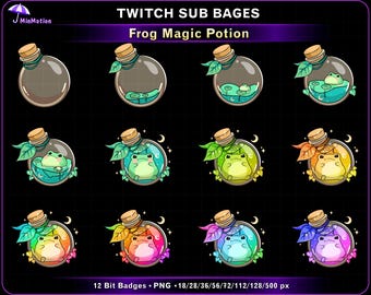12 insignias de suscripción de Twitch de rana mágica / Insignias de animación de botella de poción de rana linda / Insignias lindas para streamers / Gráficos para Twitch
