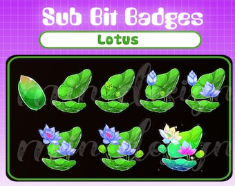 May include: A set of eight animated badges featuring a lotus flower in various stages of growth. The badges are designed for use on Twitch and other streaming platforms. The badges are green, blue, and pink.