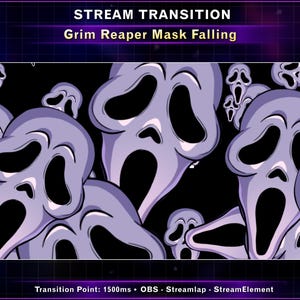 May include: A digital graphic featuring multiple stylized Grim Reaper masks in shades of purple and white against a black background. The text "STREAM TRANSITION" and "Grim Reaper Mask Falling" are at the top. The transition point is 1500ms.