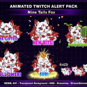 Puede incluir: Paquete de alertas animadas de Twitch con un zorro de nueve colas de dibujos animados. El paquete incluye alertas para nuevos bits, donaciones, seguidores, suscripciones y incursiones. Cada alerta tiene un diseño único con texto como "New Bits!" y "New Follower!".