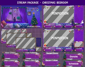Animated Christmas Bedroom Twitch Stream Full Package/ Cat Watching Falling Snow / Snowy Christmas Night / Xmas Tabby Cat / Coffe, Candles