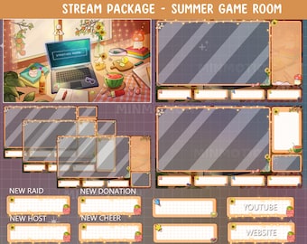 Dia animado de verão Lofi Desk Twitch Stream Pacote completo/Sobreposição de flor do sol/Laptop Gamer/Cena de sala de configuração/Cenas fofas/Kawai