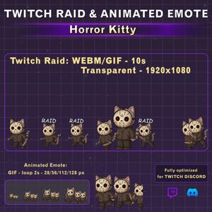 Alerte raid Twitch Horror Kitty, émoticône Twitch chat horreur, alerte Twitch drôle pour streamers