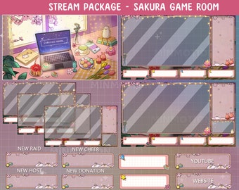 Geanimeerde Day Spring Lofi Desk Twitch Stream Full Package/ Cherry Blossom Overlay / Laptop Gamer / Setup Room Scene / Cute Scenes / Kawaii