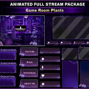 Peut inclure: Ensemble de diffusion en direct animé avec un thème violet et noir. Il comprend une scène de salle de jeu avec des plantes, des éléments de superposition et des boutons pour les nouveaux abonnés, YouTube, les règles, Instagram et à propos. Le texte "Starting Soon" est visible.