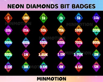 30x Neon Diamond Twitch Tier Bit Badges/ Complete Twitch Bit Badges Set / Rainbow Colors / Neon Streamer /Number Bit Badges / Gamer Graphics