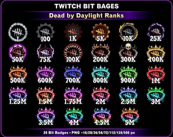 28x Insígnias de Bits da Twitch para DBD, Insígnias de Transmissão para Dead by Daylight, Insígnias de Terror Numérico da Twitch