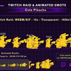 May include: A digital graphic featuring a yellow Pikachu character, labeled "Twitch Raid & Animated Emote." The image includes the text "Cute Pikachu," and details about the GIF format, loop duration, and pixel dimensions. The background is a dark purple grid.