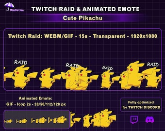 Alerta de Raid do Twitch com Pikachu animado e fofo correndo, Alerta de Stream do Pikachu engraçado, Emote bônus para Twitch, Discord, Kick...